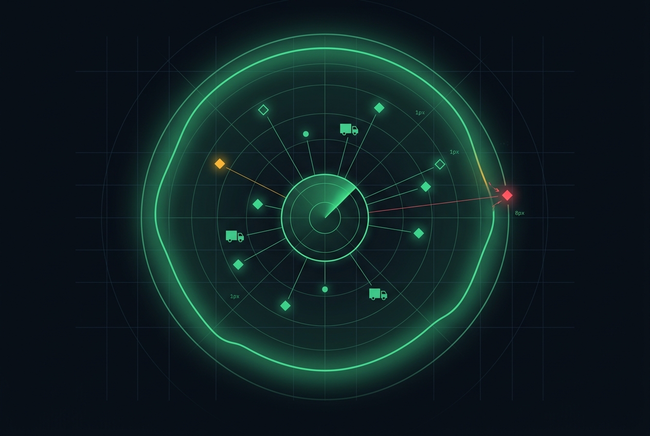 Radar perimeter ringing a watchlist of monitored carriers, one flagged in red